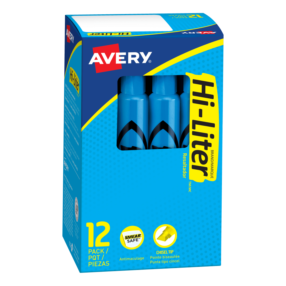 Avery Hi-Liter SmearSafe Highlighters, Chisel Tip, Desk-Style, Fluorescent Blue, Pack Of 12 Highlighters