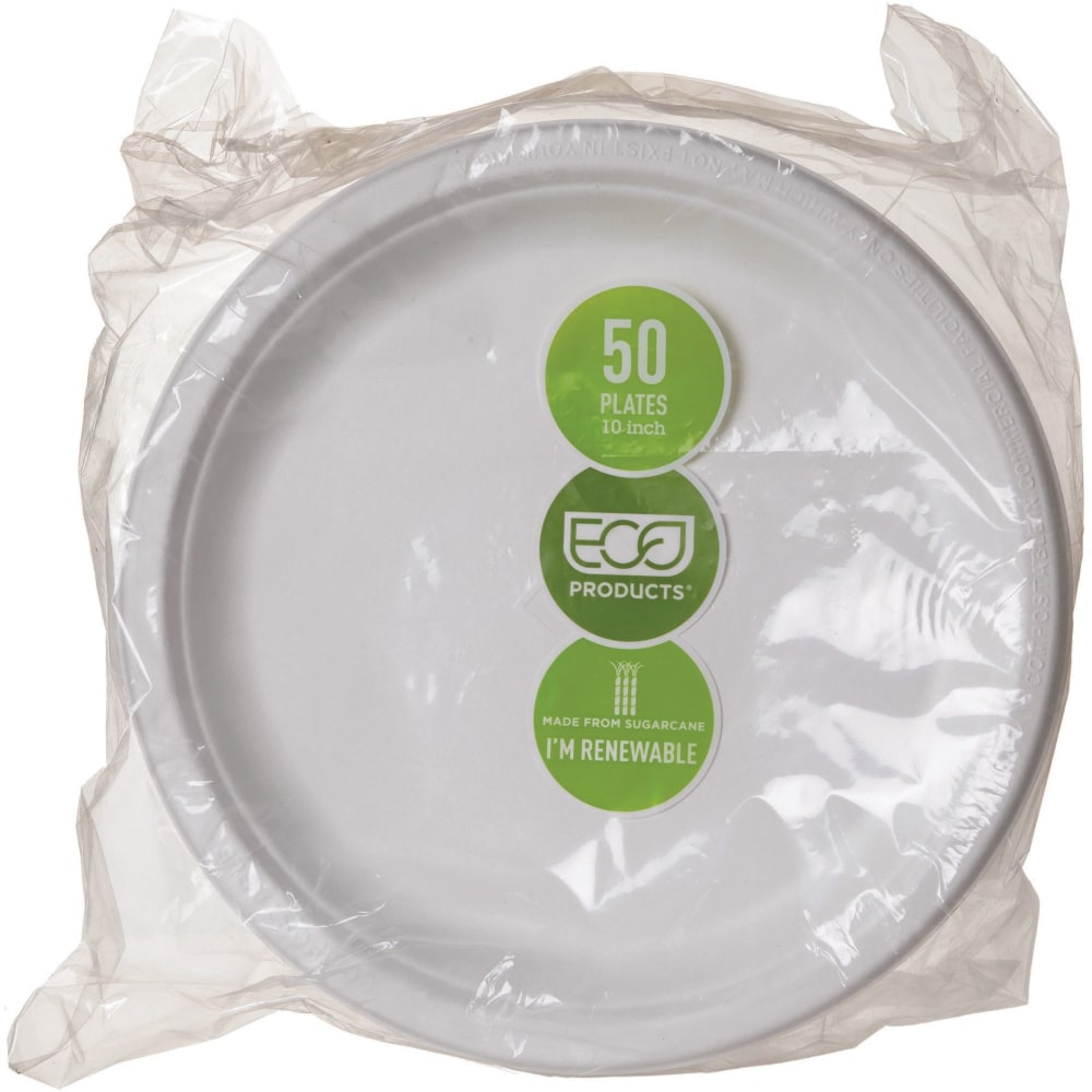 Eco-Products Sugarcane Fiber Plates, 10in, White, Pack Of 50