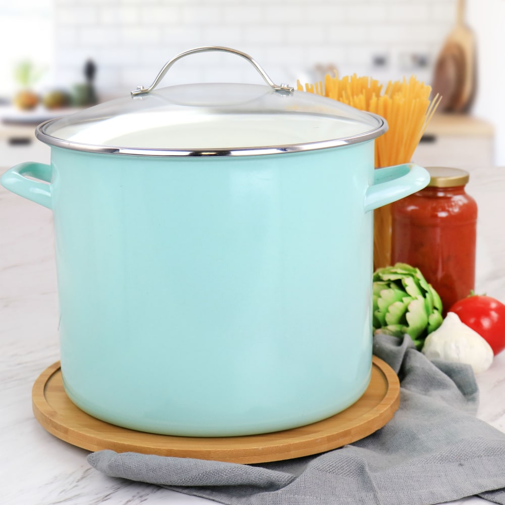 Martha Stewart Enamel-On-Steel Stock Pot With Glass Lid, 12 Qt, Turquoise