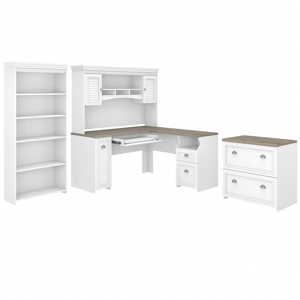 Bush Business Furniture Fairview 60inW L-Shaped Corner Desk With Hutch, Lateral File Cabinet And 5-Shelf Bookcase, Shiplap Gray/Pure White, Standard Delivery