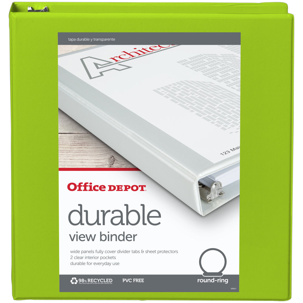 Office Depot Brand Durable View 3-Ring Binder, 1 1/2in Round Rings, Green