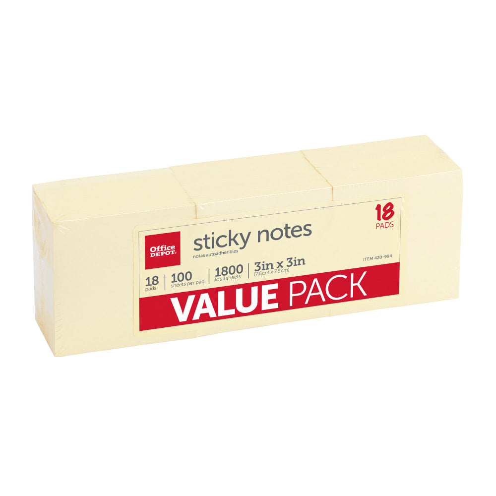 Office Depot Brand Sticky Notes Value Pack, 3in x 3in, Yellow, 100 Sheets Per Pad, Pack Of 18 Pads