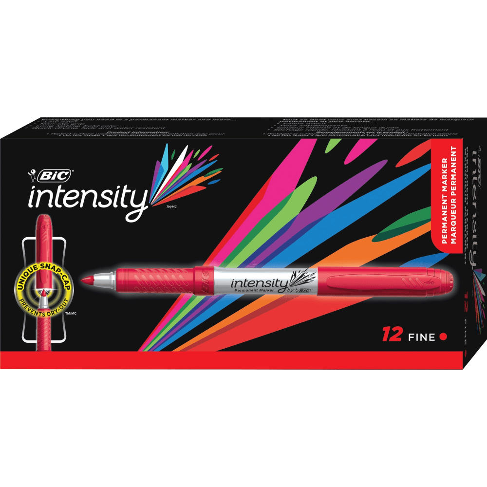 BIC Mark-it Fine-Point Permanent Markers, Red Ink, Silver Barrel, Pack Of 12