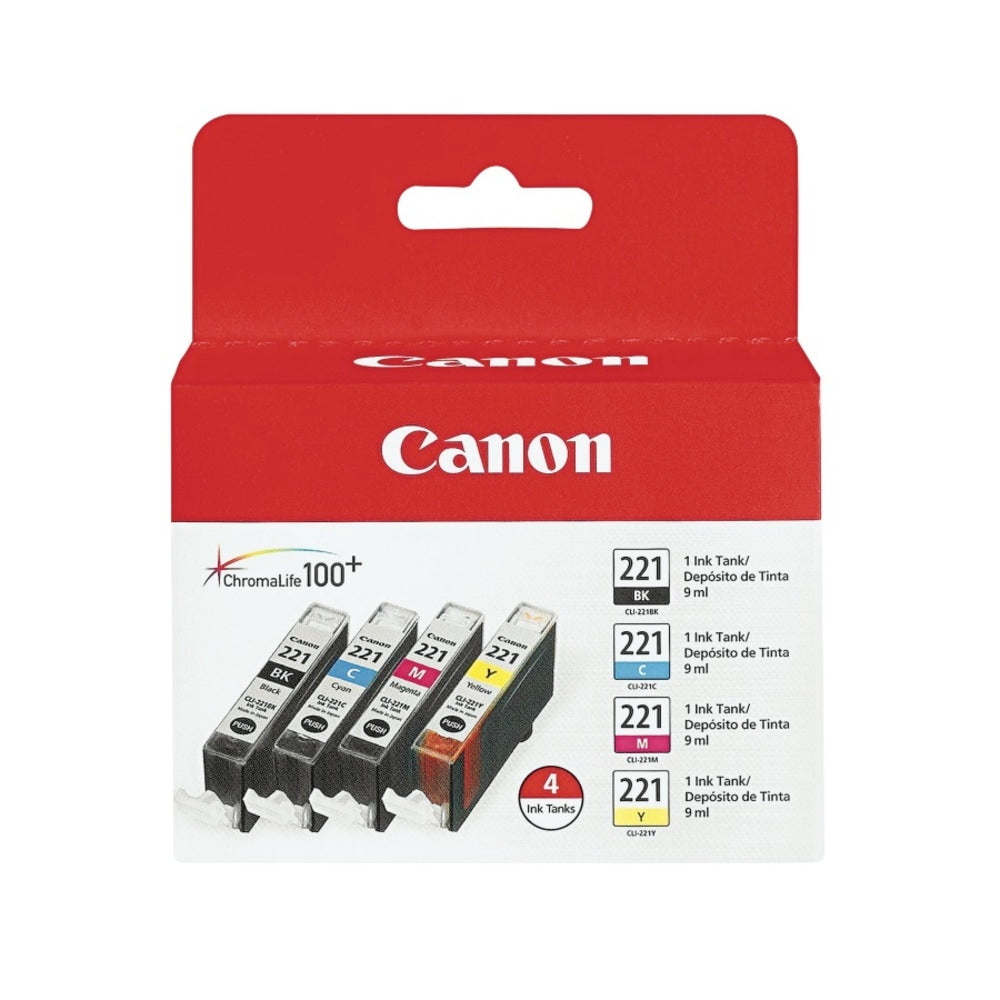 Canon CLI-221 ChromaLife 100+ Black And Cyan, Magenta, Yellow Ink Cartridges, Pack Of 4, 2946B004