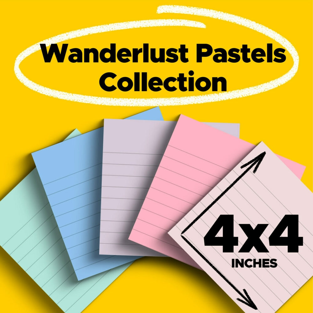 Post-it Recycled Super Sticky Notes, 4 in x 4 in, 6 Pads, 90 Sheets/Pad, 2x the Sticking Power, Wanderlust Pastels Collection, Lined, 30% Recycled