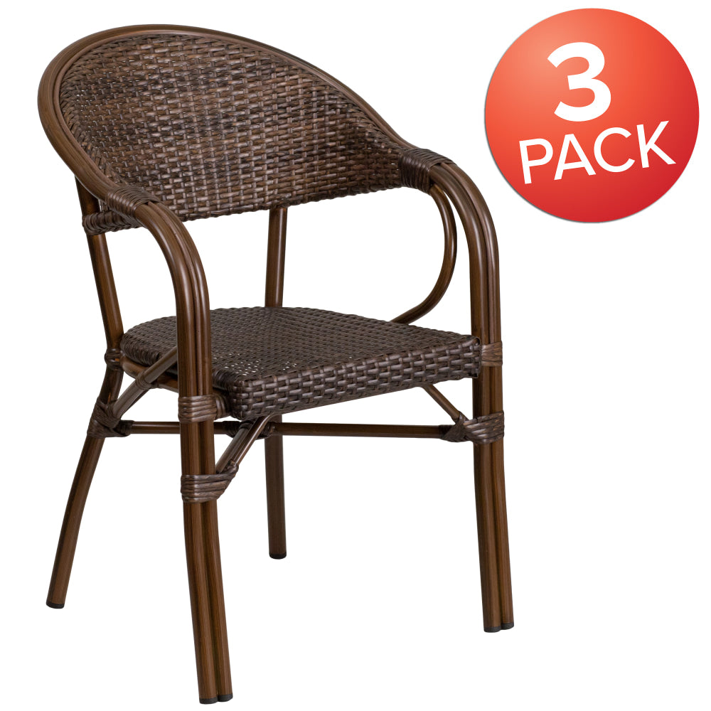 Flash Furniture Lila Rattan Restaurant Patio Chairs With 9-Tier Stacking Capacity, Bark Brown Rattan/Bamboo, Set Of 3 Chairs