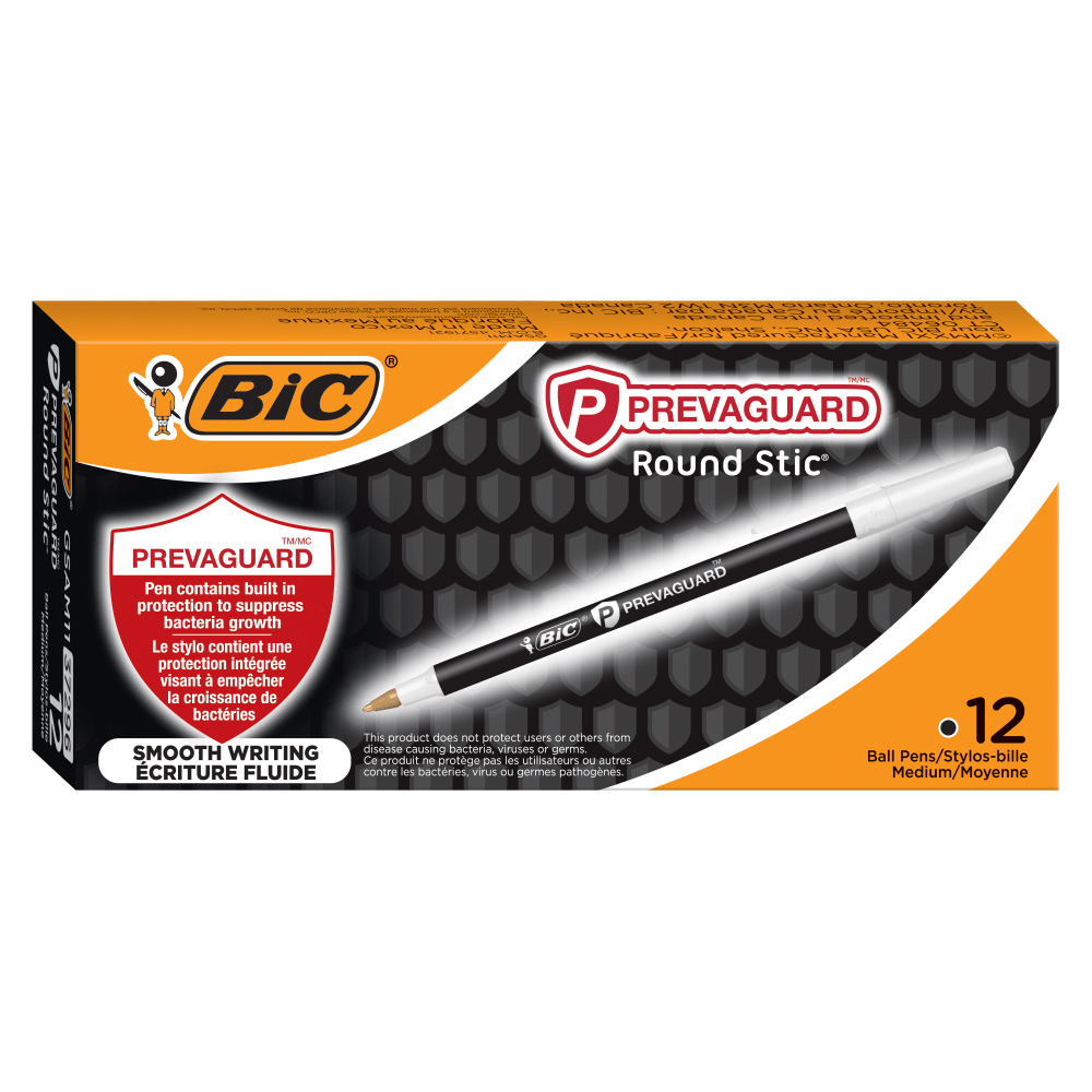 BIC Prevaguard Round Stic Pens With Antimicrobial Additive, Medium Point, 1.0 mm, Black Barrel, Black Ink, Set Of 12 Pens