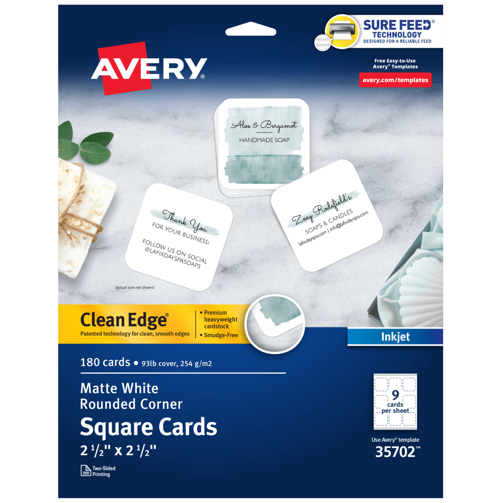 Avery Clean Edge Printable Square Cards With Sure Feed Technology & Rounded Corners, 2.5in x 2.5in, White, 180 Blank Cards For Inkjet Printers