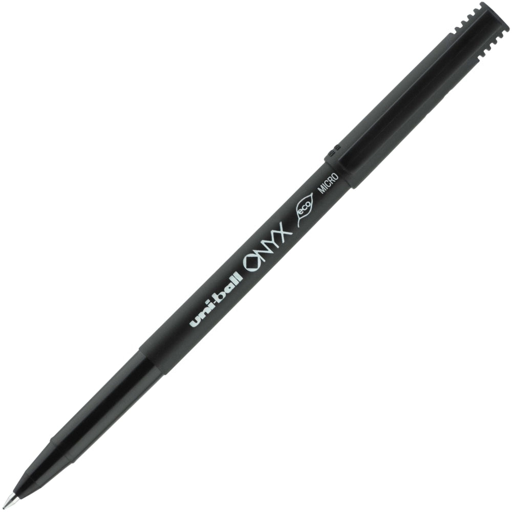 uni-ball Onyx Rollerball Pens, Micro Point, 0.5 mm, Black Barrel, Black Ink, Pack Of 12