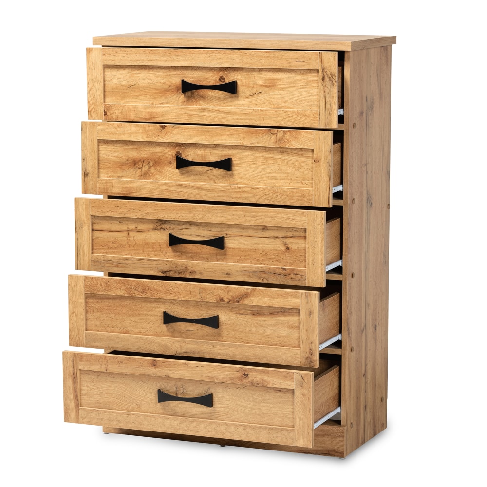 Baxton Studio Colburn 5-Drawer Tallboy Storage Chest, 46-7/16inH x 31-1/2inW x 15-3/4inD, Oak Brown