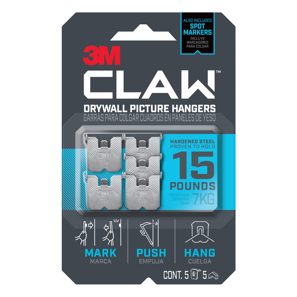 3M Claw Drywall Picture Hanger 15-lb Capacity, Pack of 5 Hangers, 5 Spot Markers