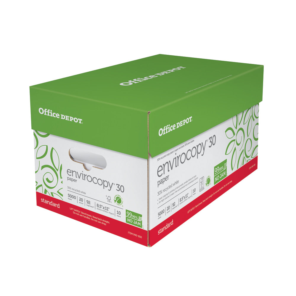 Office Depot EnviroCopy Copy Paper, White, Letter (8.5in x 11in), 5000 Sheets Per Case, 20 Lb, 30% Recycled, FSC Certified, 651001OD, Case Of 10 Reams