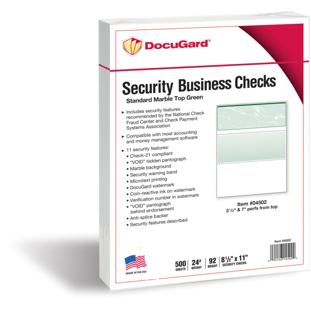 DocuGard High Security Green Marble Business Checks with 11 Features to Prevent Fraud - Letter - 8 1/2in x 11in - 24 lb Basis Weight - 500 / Ream - Erasure Protection, Watermarked - Marble Green