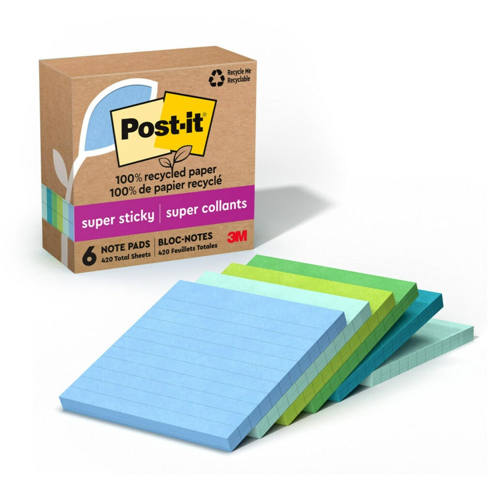 Post-it Paper Super Sticky Notes, 420 Total Notes, Pack Of 6 Pads, 4in x 4in, 100% Recycled, Oasis, 70 Sheets Per Pad