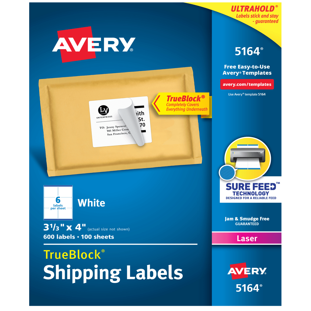 Avery TrueBlock Shipping Labels With Sure Feed Technology, 5164, Rectangle, 3 1/3in x 4in, White, Pack Of 600