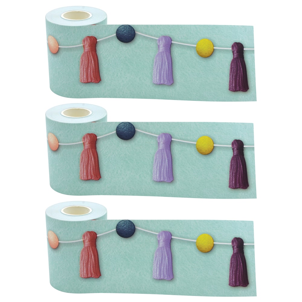 Teacher Created Resources Straight Rolled Border Trim, Oh Happy Day Pom-Poms And Tassels, 50' Per Roll, Pack Of 3 Rolls