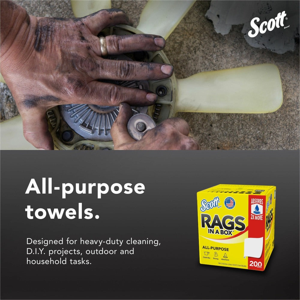 Scott Rags In A Box - 13in Length x 10in Width - 200 / Box - 8 / Carton - Soft, Strong, Lint-free, Absorbent - White