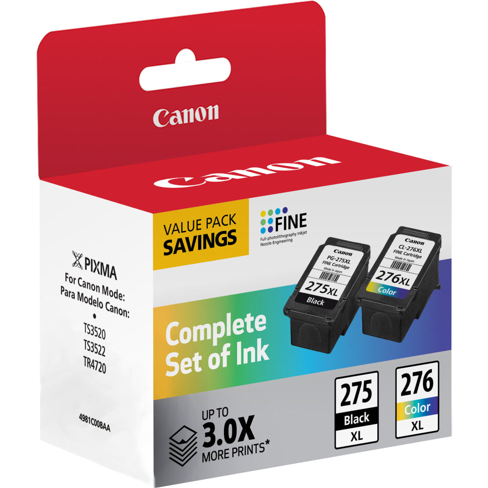 Canon PG-275XL Black/CL-276XL Tri-Color High-Yield Ink Cartridges, Pack Of 2, 4981C008