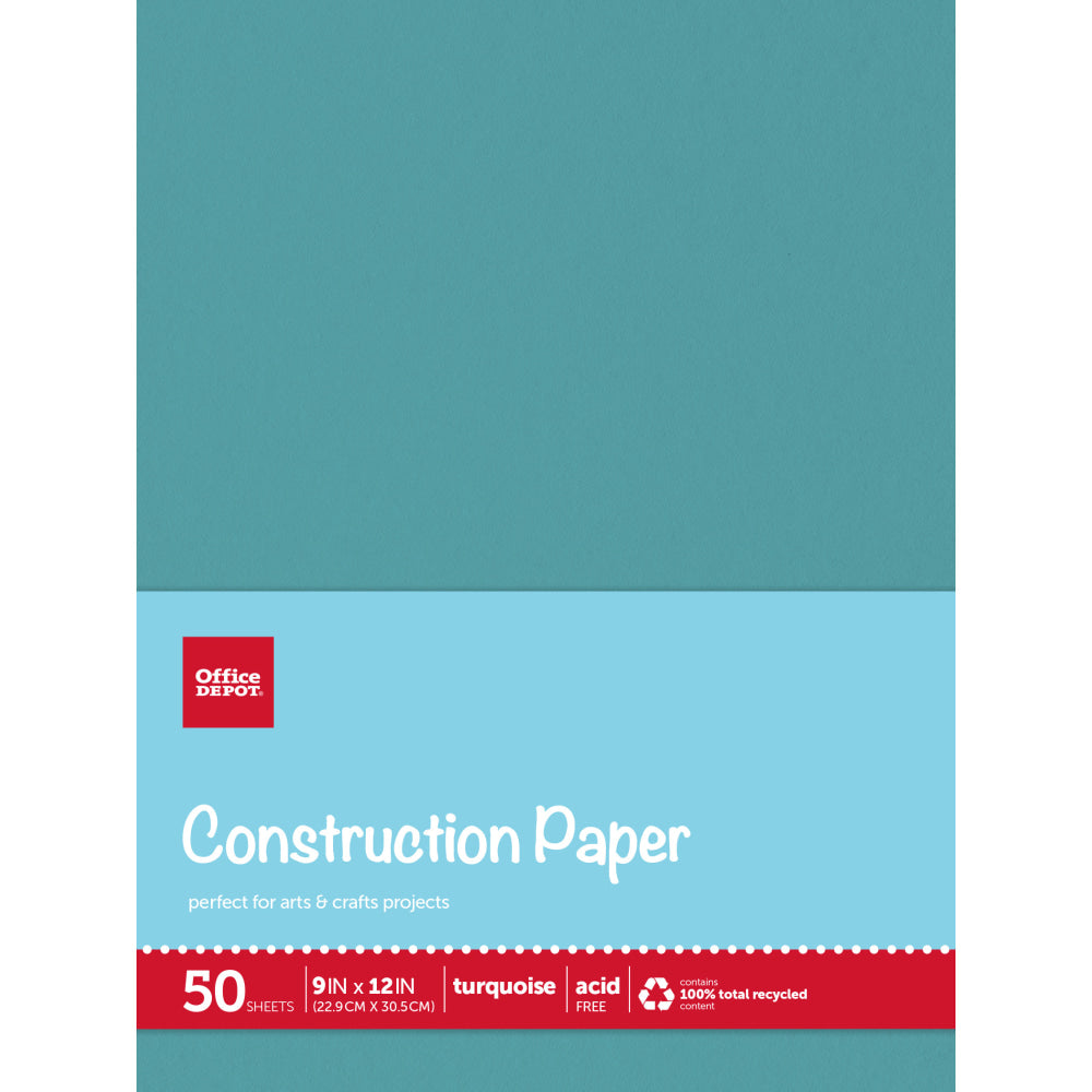 Office Depot Brand Construction Paper, 9in x 12in, 100% Recycled, Turquoise, Pack Of 50 Sheets