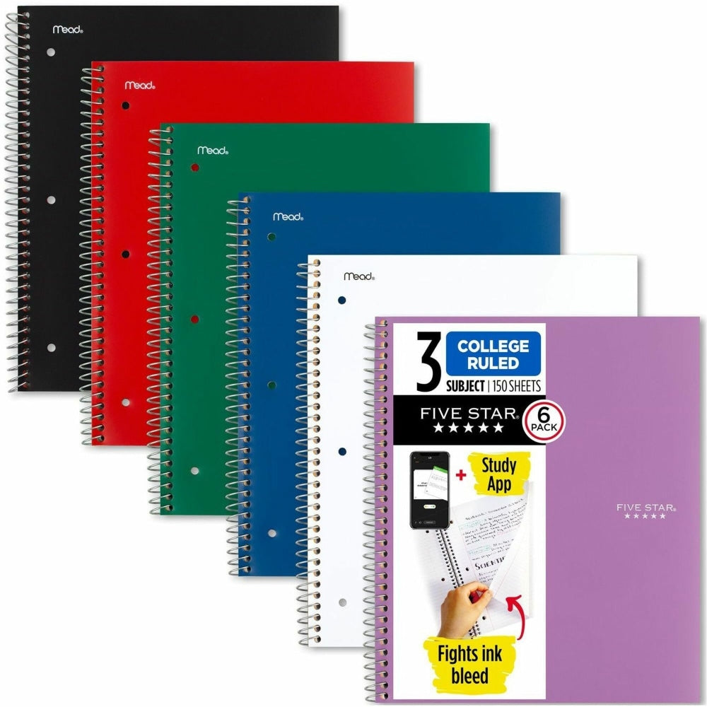 Mead Five Star Spiral Notebooks, 8.5in x 11in, 3 Subject, College Ruled, 150 Sheets, Assorted, Pack Of 6