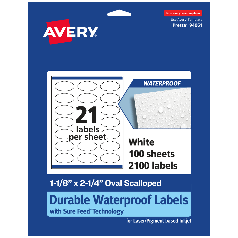 Avery Waterproof Permanent Labels With Sure Feed, 94061-WMF100, Oval Scalloped, 1-1/8in x 2-1/4in, White, Pack Of 2,100