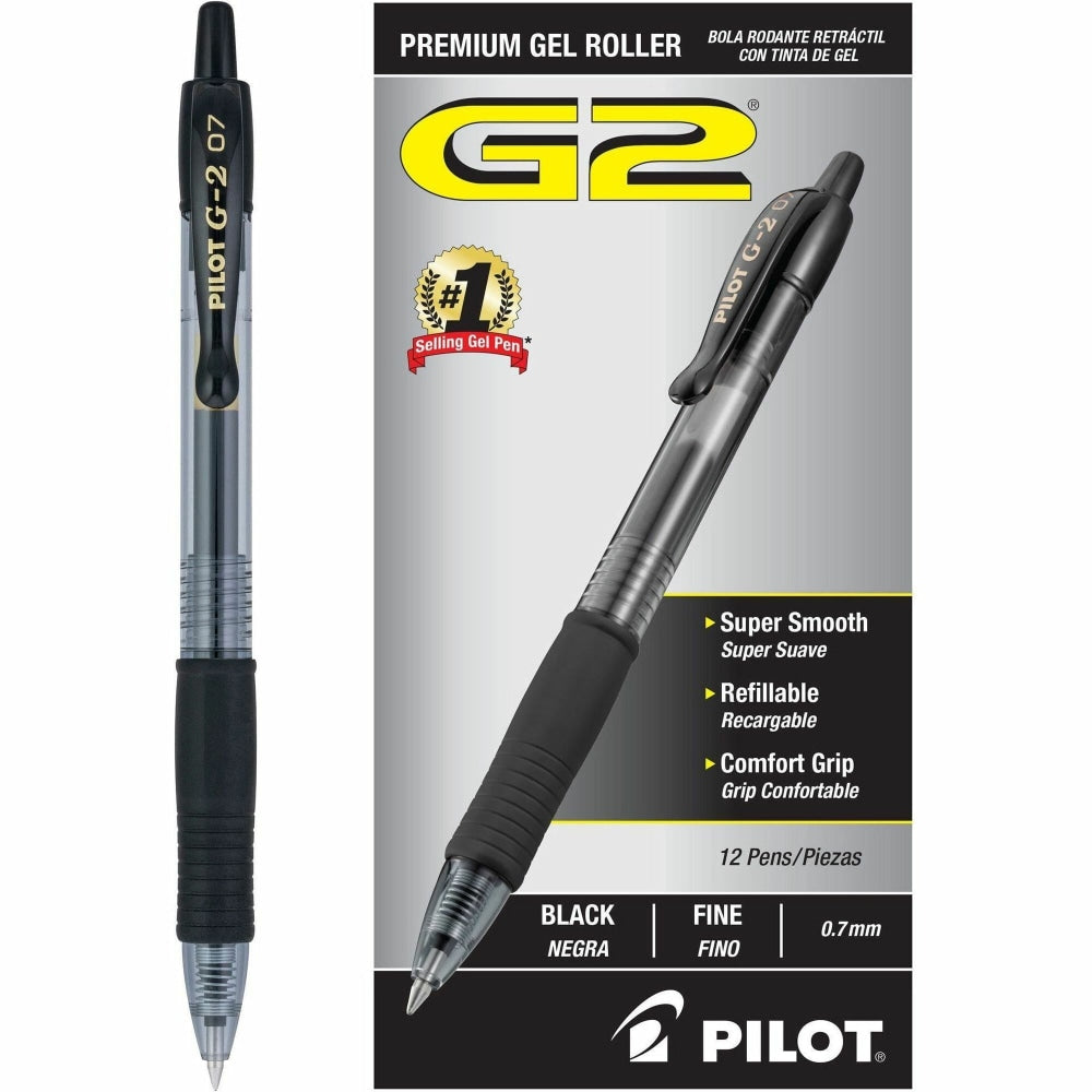 Pilot G2 Retractable Gel Pens, Fine Point, 0.7 mm, Clear Barrels, Black Ink, Pack Of 12 Pens