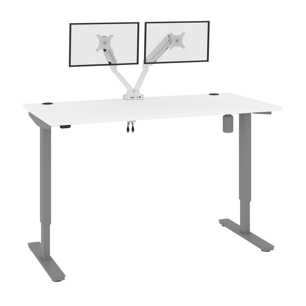 Bestar Upstand Electric 60inW Standing Desk With Dual Monitor Arm, White