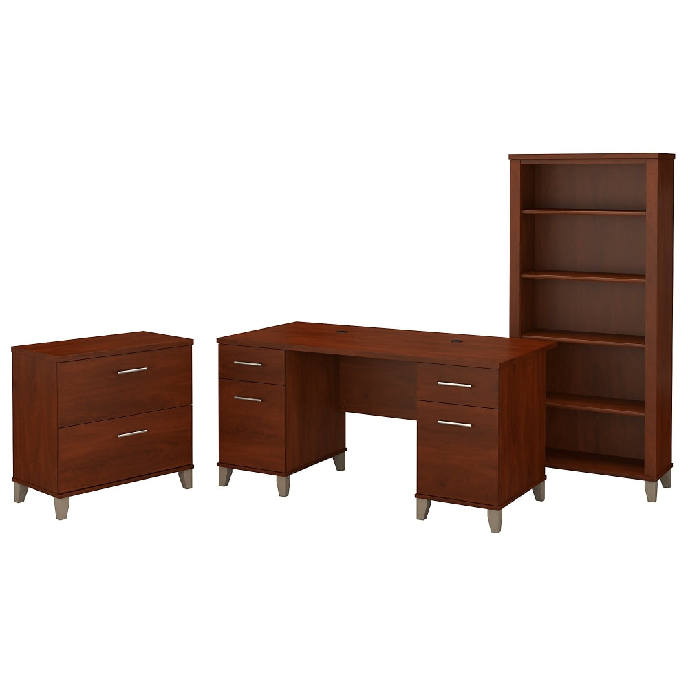 Bush Business Furniture Somerset 60inW Office Computer Desk With Lateral File Cabinet And 5 Shelf Bookcase, Hansen Cherry, Standard Delivery