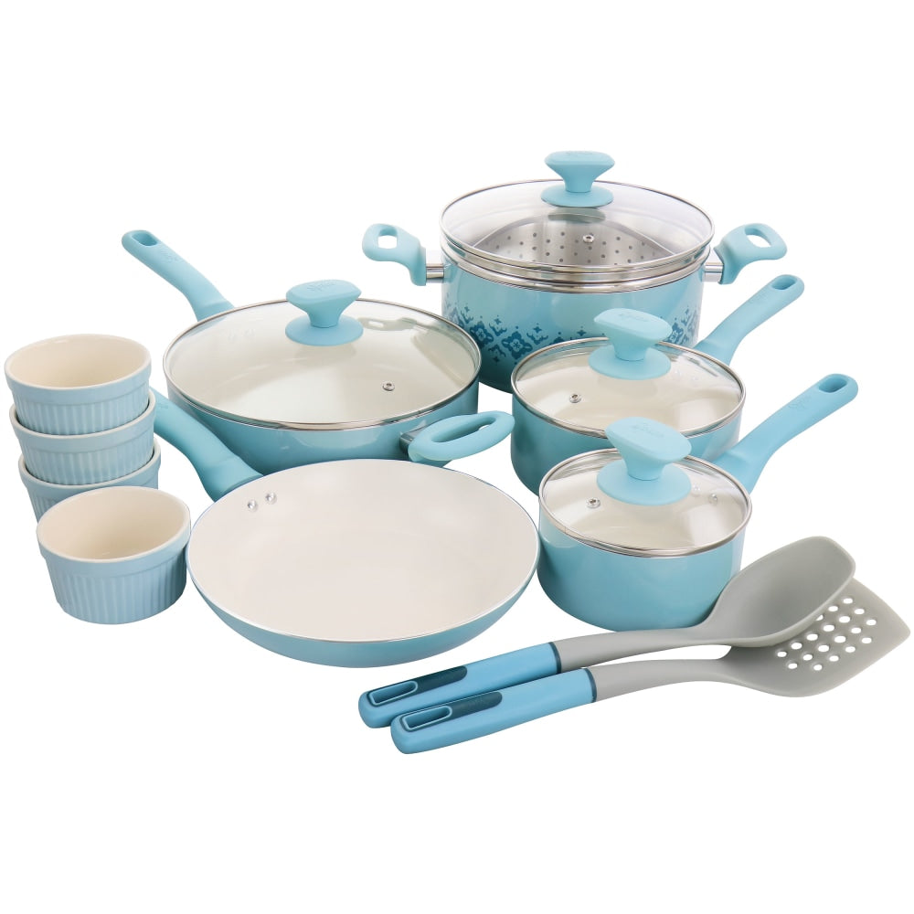 Spice by Tia Mowry Savory Saffron 16-Piece Ceramic Non-Stick Cookware Set, Blue