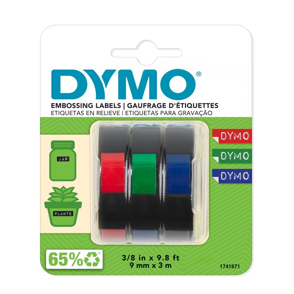 DYMO 3D Embossing Labels, 3/8in x 9 4/5in, Assorted Glossy Colors, Pack Of 3 Rolls