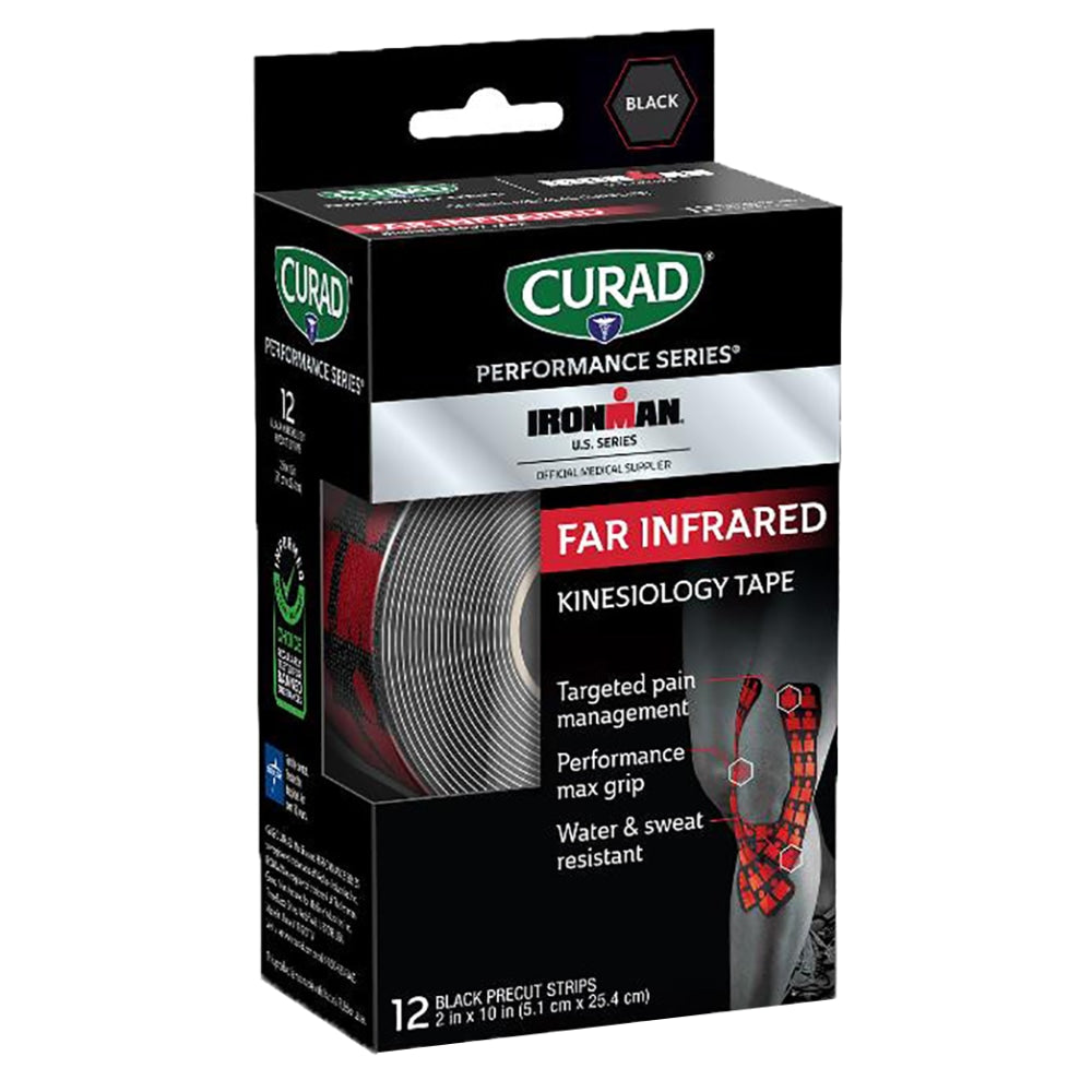 CURAD IRONMAN Performance Series Kinesiology Tape, 2? x 10in, Black, 20 Strips Per Pack, Set Of 48 Packs