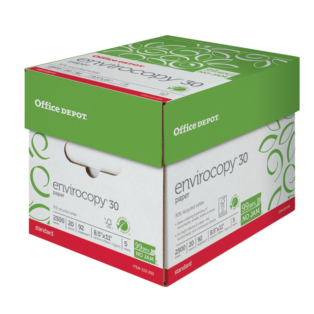 Office Depot EnviroCopy Copy Paper, White, Letter (8.5in x 11in), 2500 Sheets Per Case, 20 Lb, 30% Recycled, FSC Certified, Case Of 5 Reams