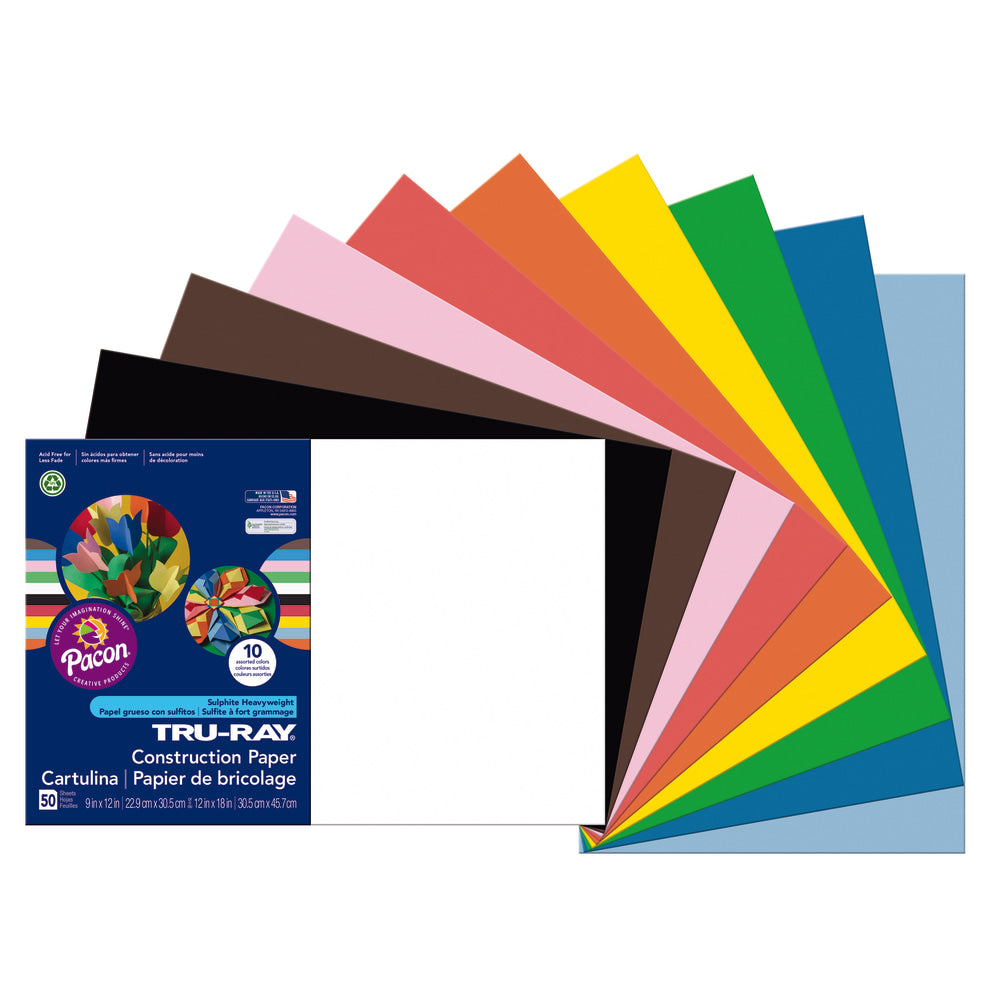 Tru-Ray Construction Paper, 50% Recycled, Assorted Colors, 12in x 18in, Pack Of 50