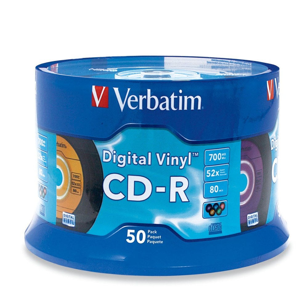 Verbatim 700 MB 80-Minute Digital Vinyl CD-R Media Spindle, Retro Colors, Pack Of 50 Discs, VTM94587