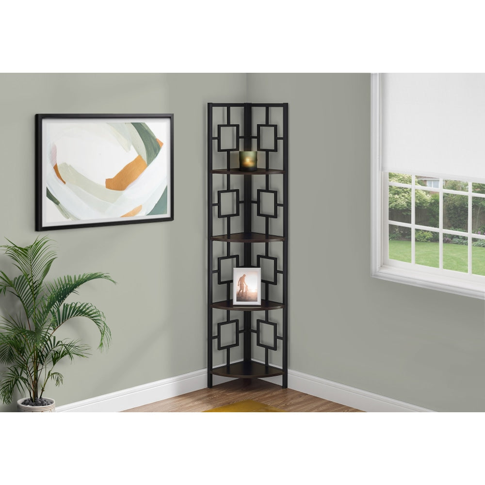 Monarch Specialties Astrid 62inH 4-Shelf Corner Bookcase, Espresso/Black