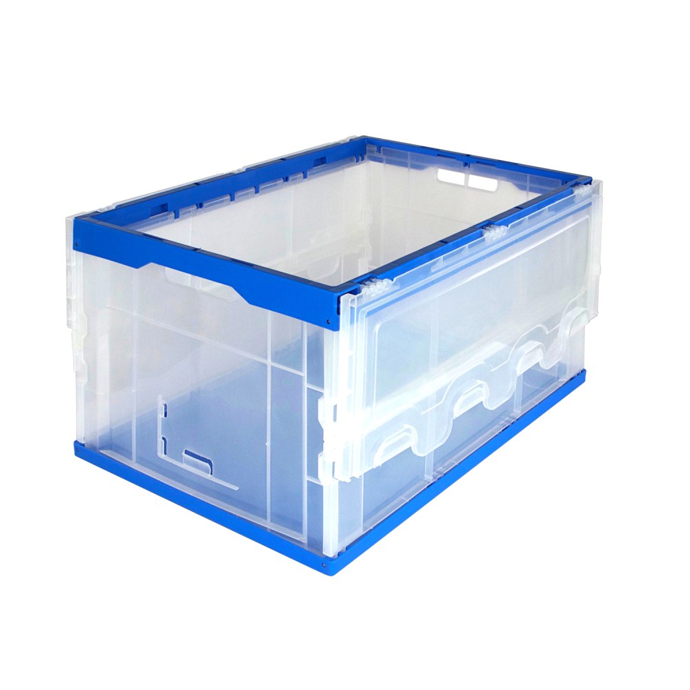 Mount It! Collapsible Plastic Storage Crate With Lid, 65 Liters, 15.25in x 23in x 13in, Clear/Blue