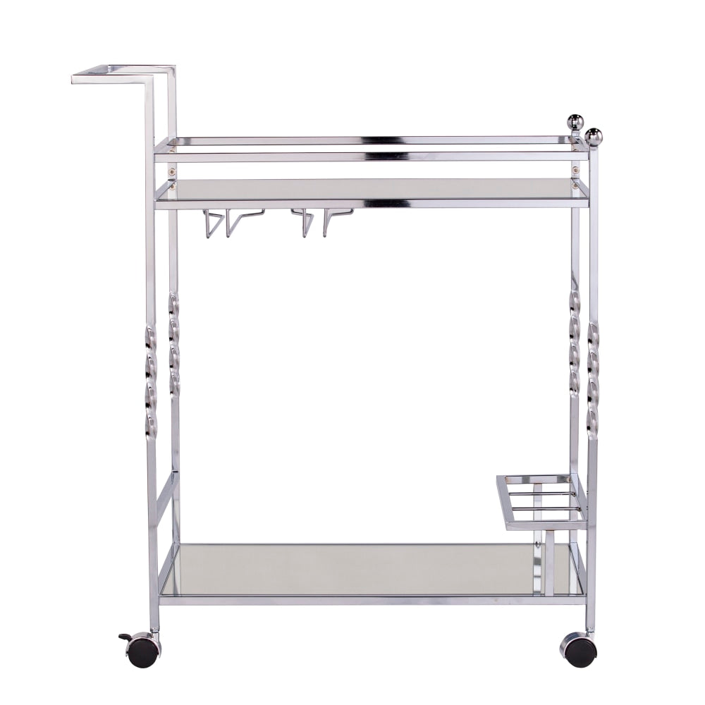 SEI Furniture Ivers 2-Shelf Mirrored Bar Cart, With Bottle Holders And Stemware Racks, 31-1/2inH x 29inW x 15-3/4inD, Chrome