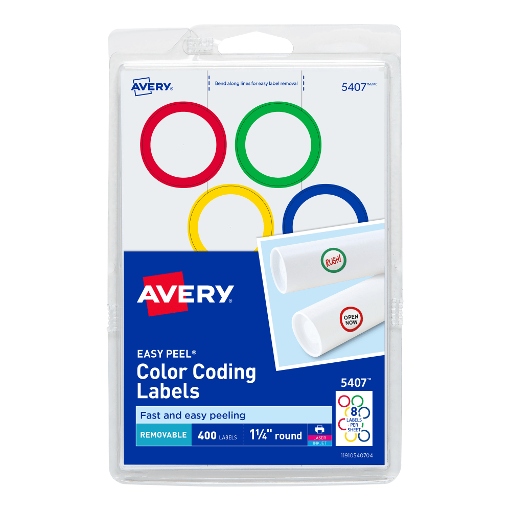 Avery Removable Color-Coding Labels, 5407, Round, 1-1/4in Diameter, Assorted Colors, Pack Of 400