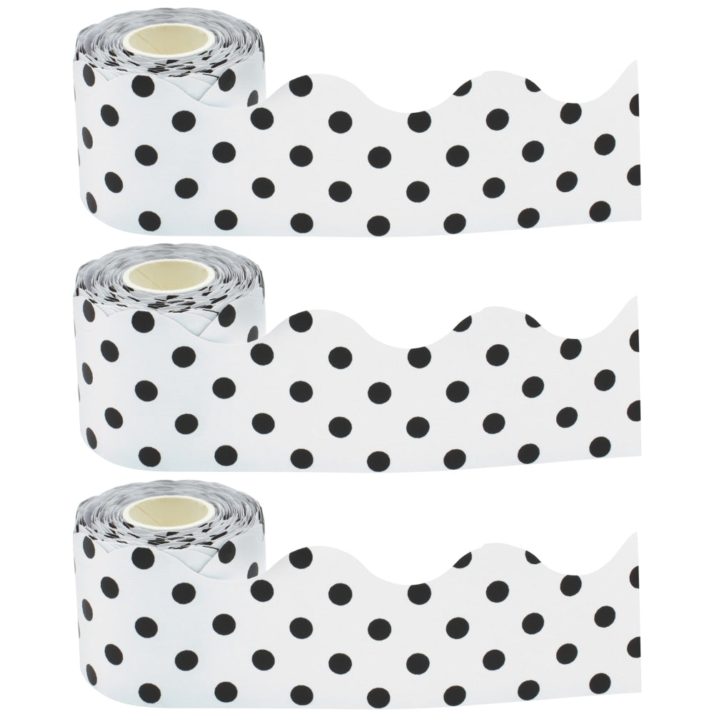 Teacher Created Resources Scalloped Border Trim, Black Polka Dots/White, 50ft Per Roll, Pack Of 3 Rolls