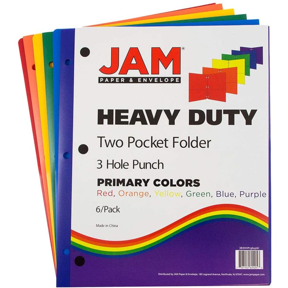 JAM Paper Heavy-Duty 3-Hole Punched Plastic Presentation Folders, 9-1/2in x 11-1/2in, Assorted Primary, Pack Of 6 Folders