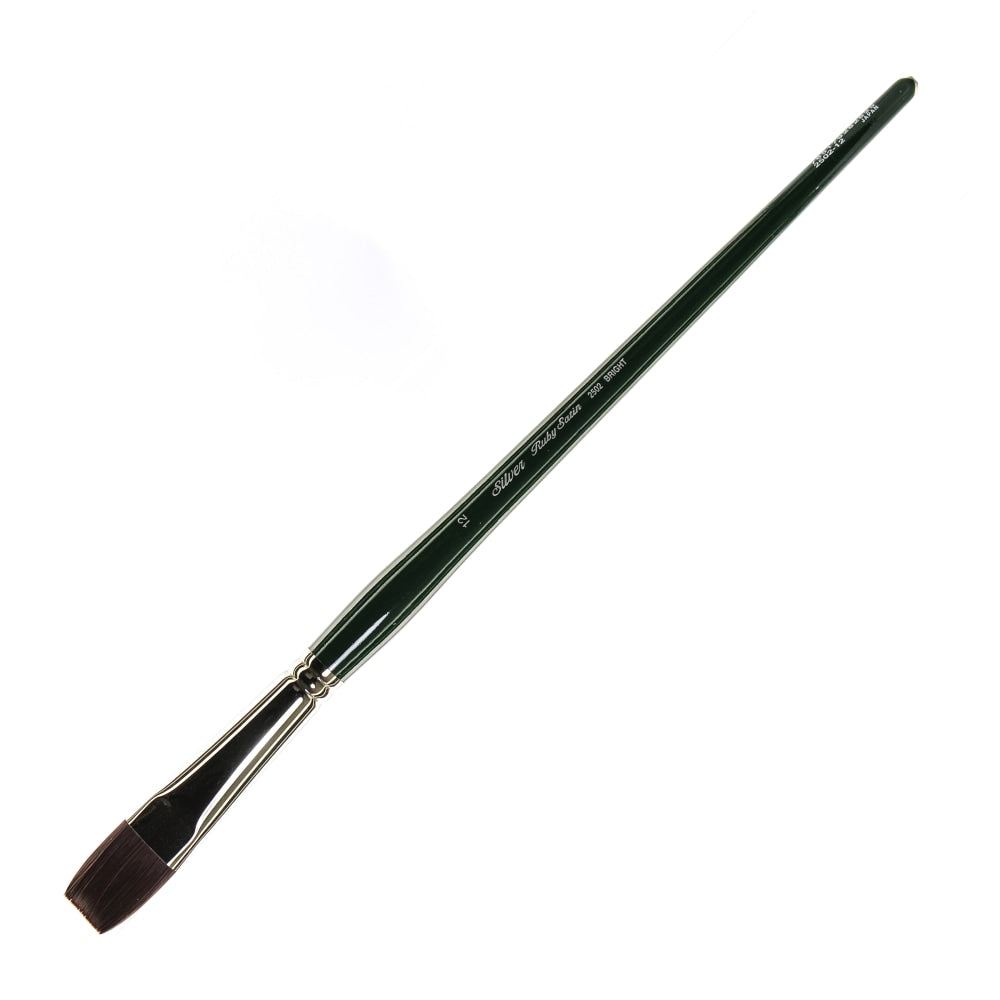 Silver Brush Ruby Satin Series Long-Handle Paint Brush 2502, Size 12, Bright Bristle, Synthetic, Green