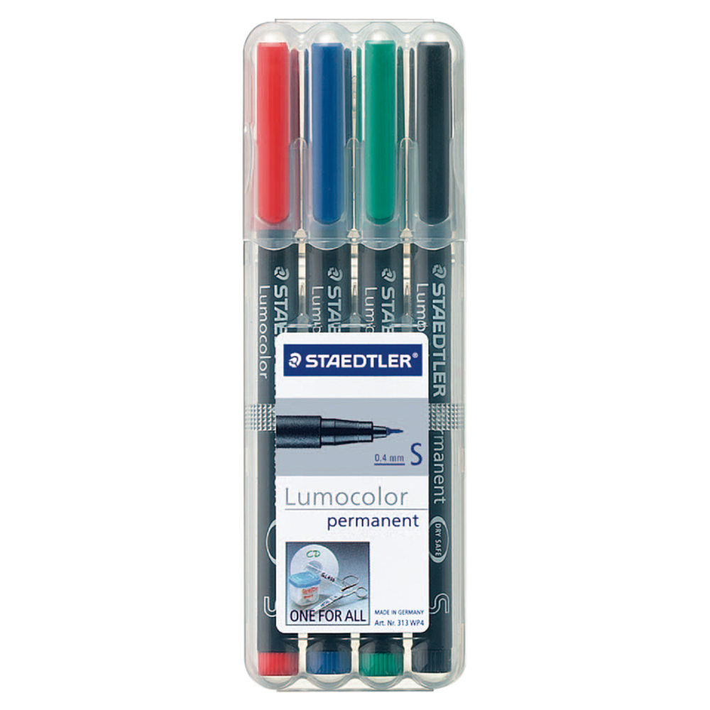 Staedtler Lumocolor Permanent Markers, Fine Point, Black Barrel, Assorted Ink, Pack Of 4