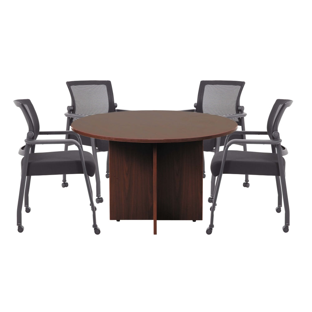 Boss Office Products 42in Round Table And Mesh Guest Chairs With Casters Set, Mahogany/Black