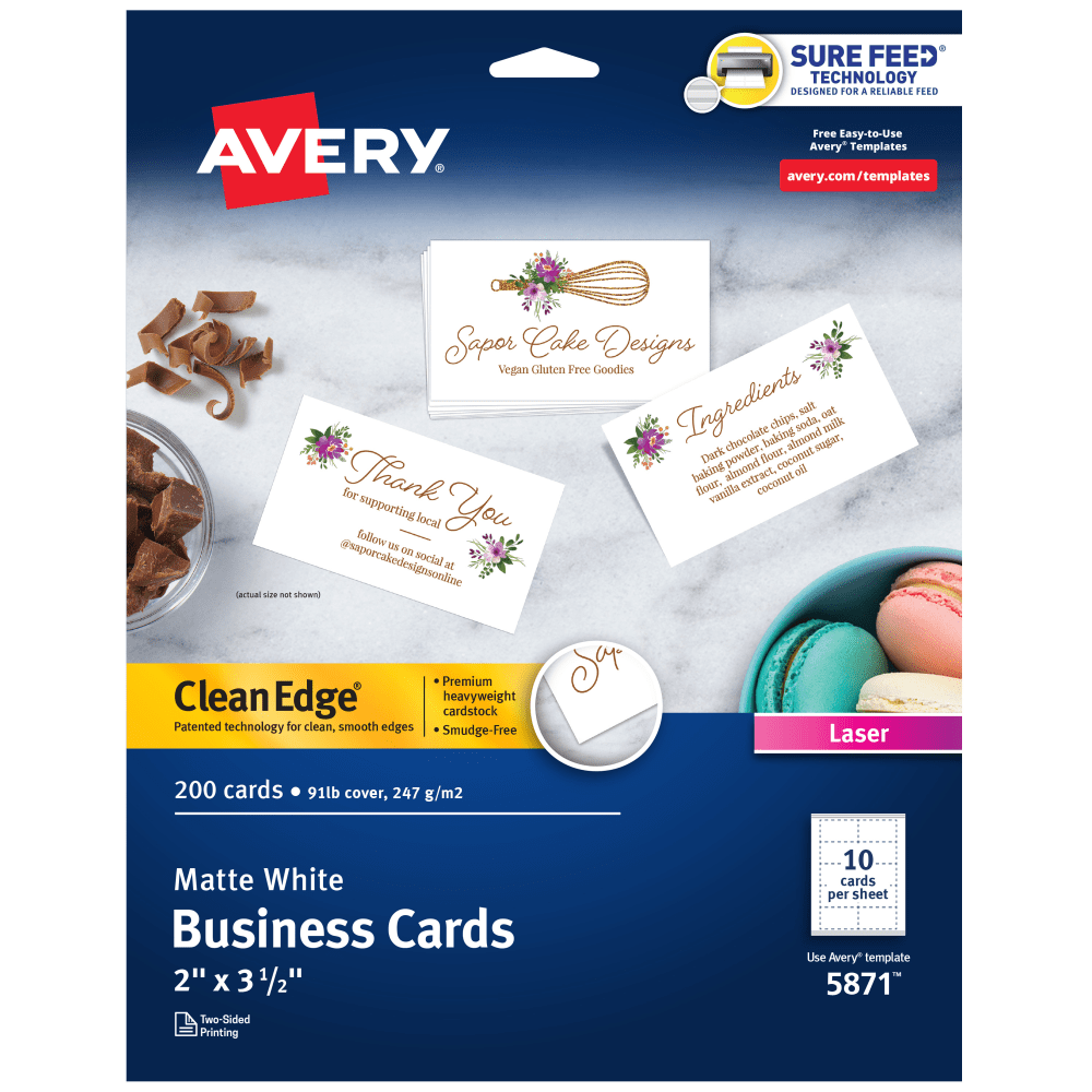 Avery Clean Edge Printable Business Cards With Sure Feed Technology for Laser Printers, 2in x 3.5in, White, 200 Blank Cards