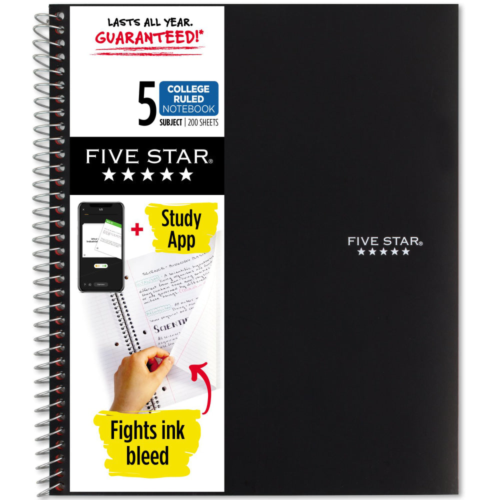 Five Star Wire-Bound Notebook, 8-1/2in x 11in, 5 Subject, College Ruled, 200 Sheets, Black