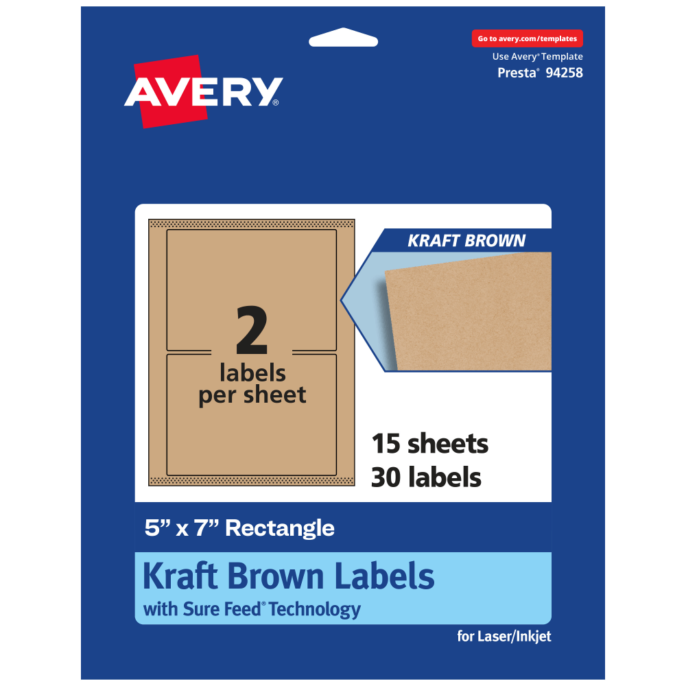 Avery Kraft Permanent Labels With Sure Feed, 94258-KMP15, Rectangle, 5in x 7in, Brown, Pack Of 30