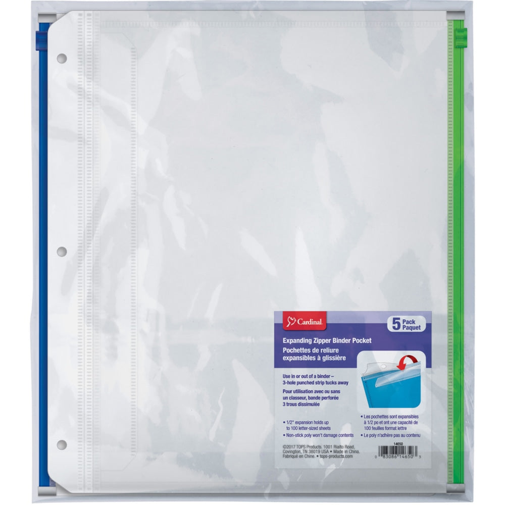 Cardinal Zipper Binder Pockets - 0.50in Maximum Capacity - 100 x Sheet Capacity - For Letter 8 1/2in x 11in Sheet - 3 x Holes - Ring Binder - Rectangular - Blue, Black, Red, Purple, Green - Poly - 5 / Pack