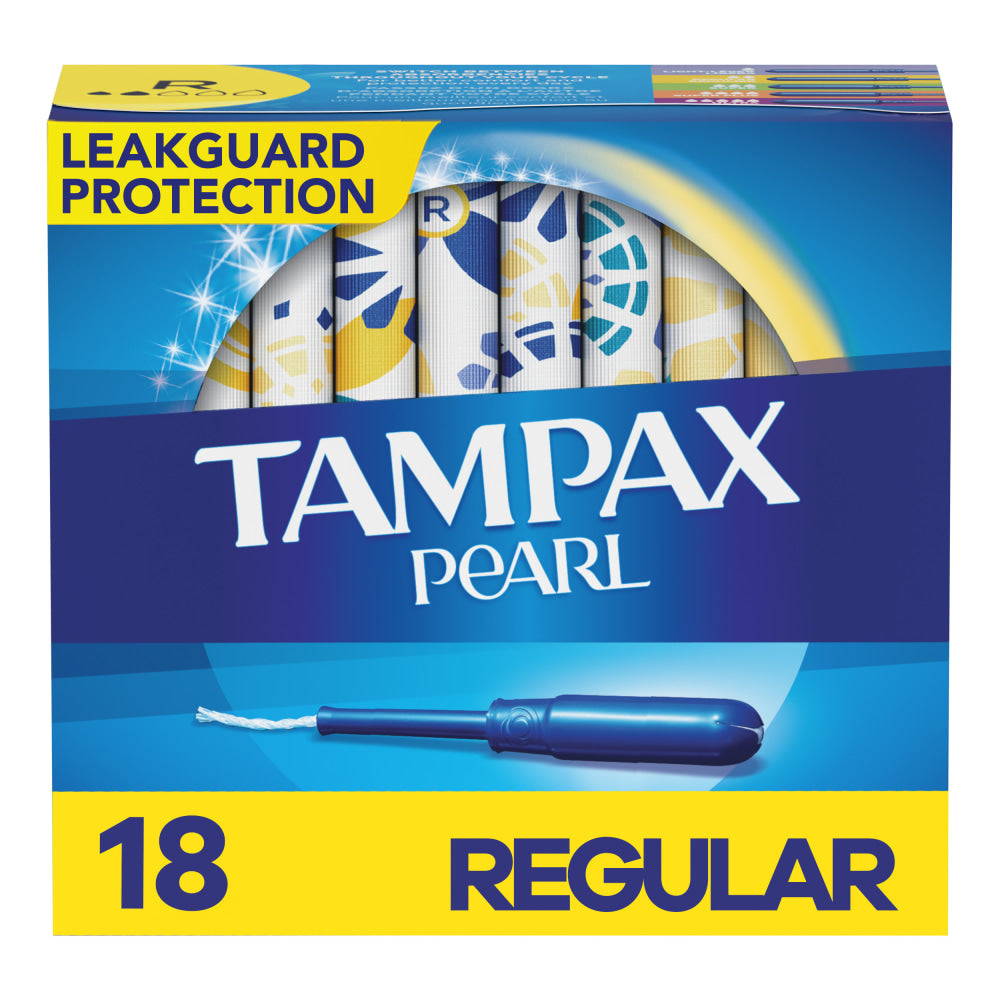 Tampax Pearl Tampons With LeakGuard Braid, Regular Absorbency, Unscented, Pack Of 18 Tampons