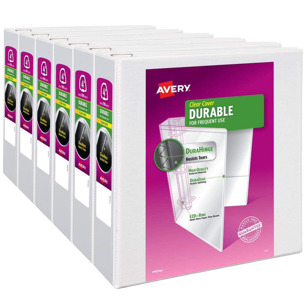 Avery Durable View 3 Ring Binder, 4in EZD Rings, White, 6 Binders