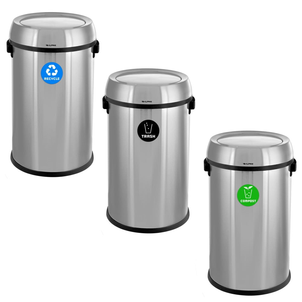 Alpine Industries Stainless Steel Indoor Recycling, Trash And Compost Bins With Swivel Lids, 17 Gallons, Silver, Pack Of 3 Bins